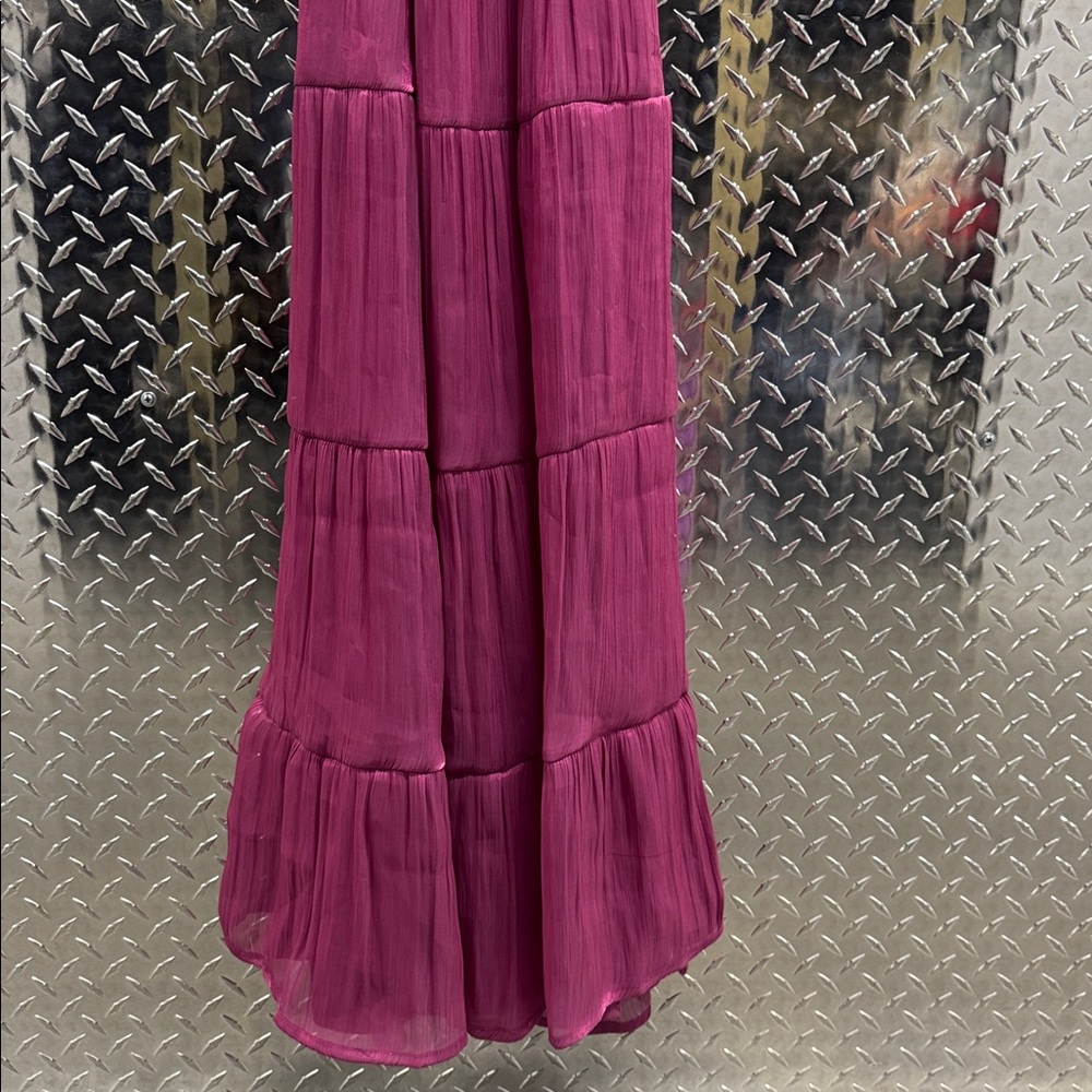 Magenta Lulus Organza Tie-Strap Tiered Midi Dress - Size Small - Picture 3 of 5
